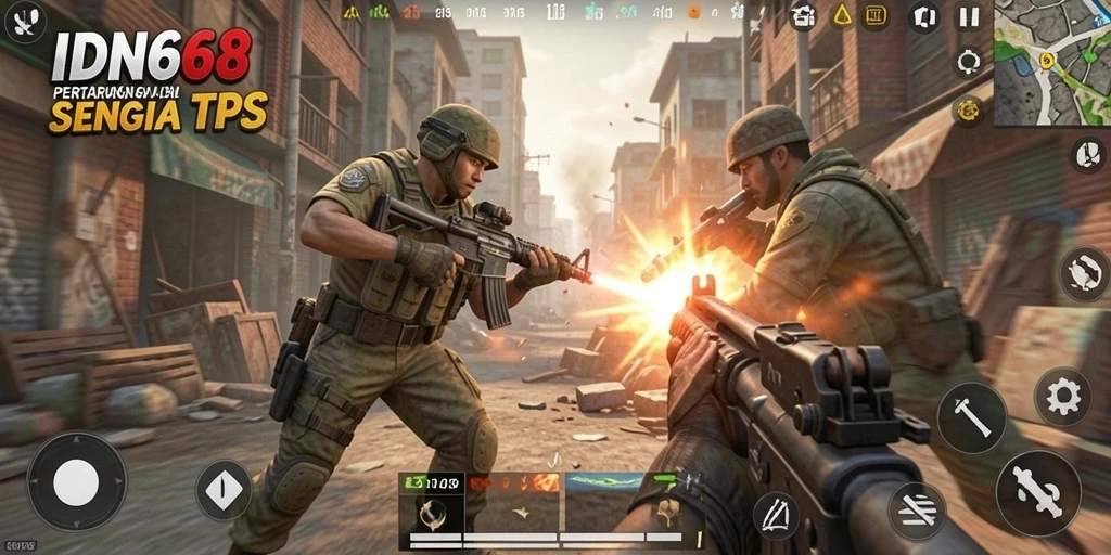 Screenshot IDN668 menampilkan pertempuran intens dalam game TPS.