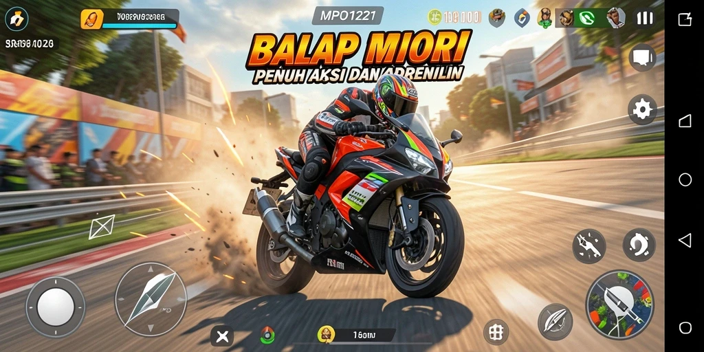 Screenshot MPO1221 menampilkan momen balapan motor yang mendebarkan.