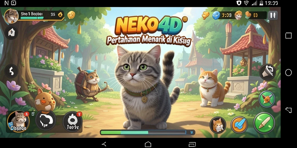 Screenshot gameplay menampilkan strategi Tower Defense dengan karakter kucing.