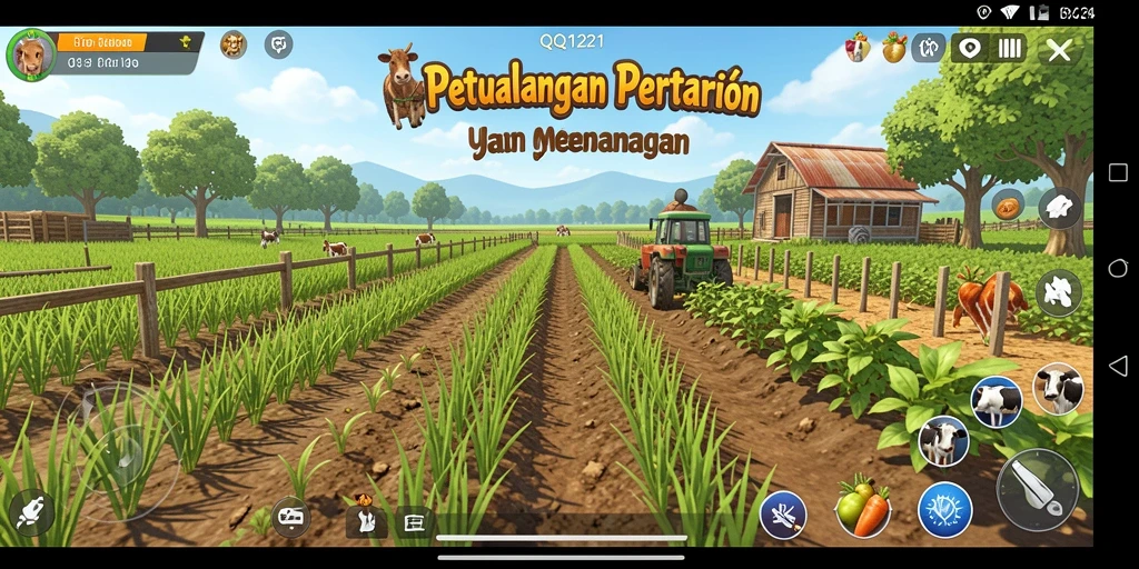 Screenshot QQ1221 menampilkan pertanian yang subur dan gameplay yang mendebarkan.