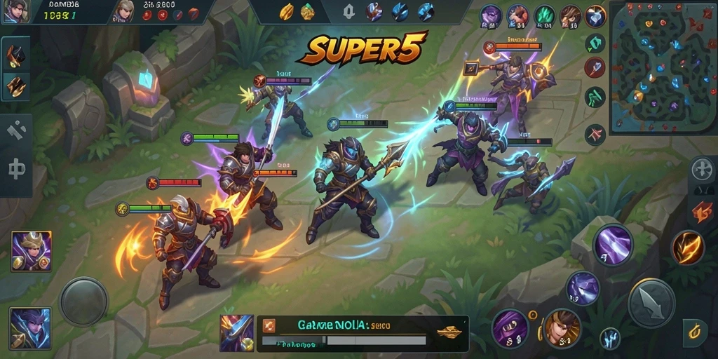 Screenshot gameplay SUPER5 menampilkan pertarungan seru dan strategi MOBA.